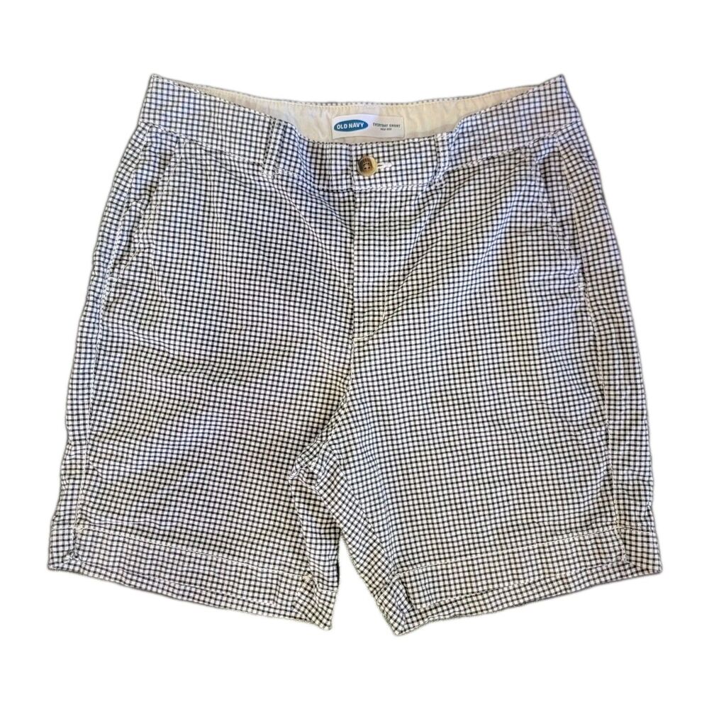 Old Navy Everyday Shorts HIGH RISE Size L Gingham Black White Checked Stretch